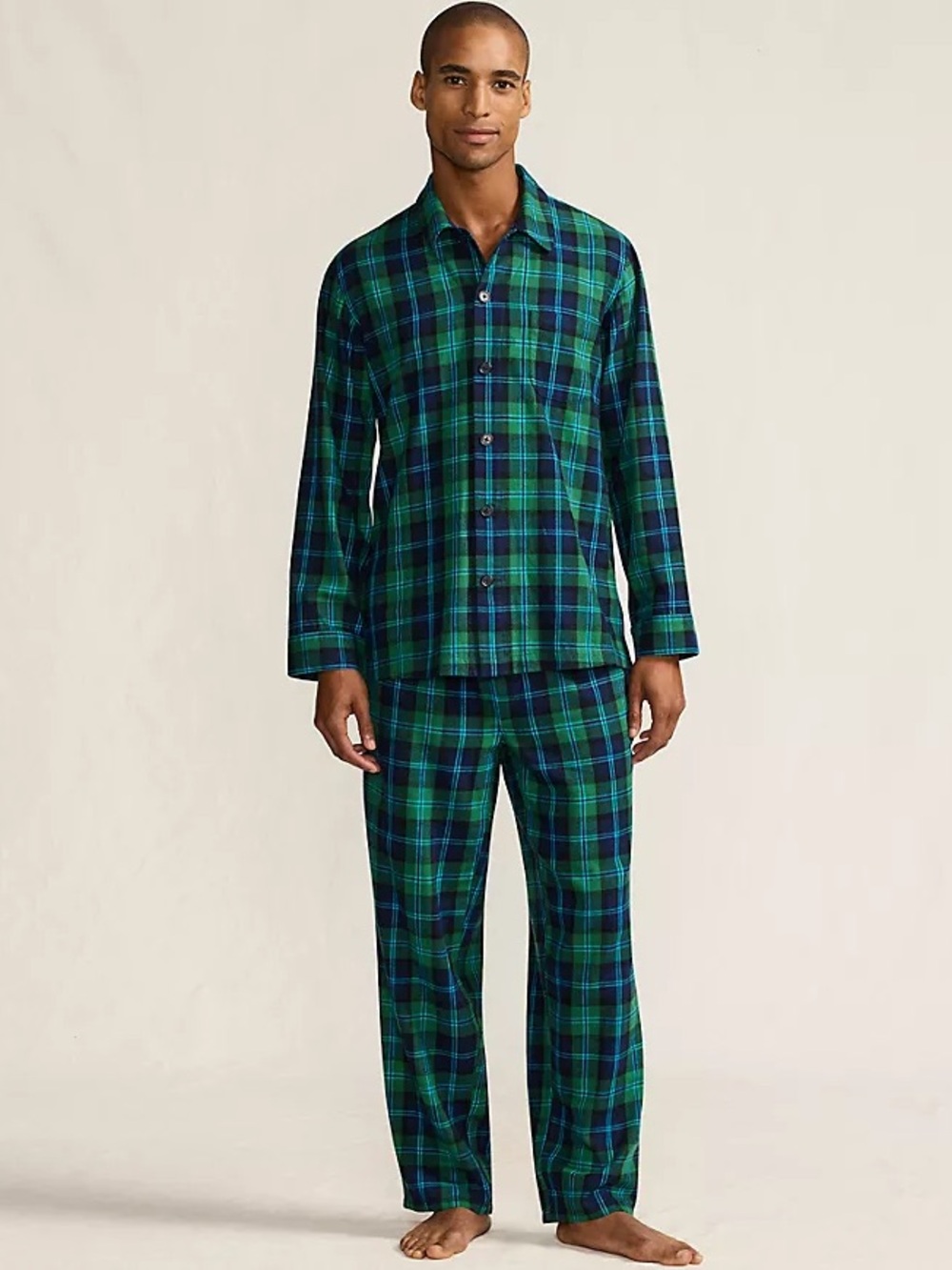 Men’s M 2 Piece Lands end Flannel Pajama Set Green Blue Plaid Tartan Cotton